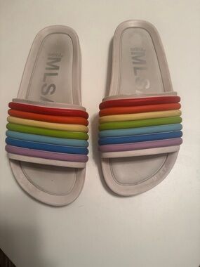 Melissa White Slides with Rainbow Striped Bands size 10